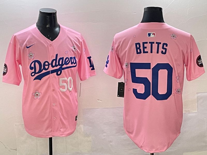 Men Los Angeles Dodgers 50 Betts Pink Sakura Edition 2025 Nike MLB Jersey style 6